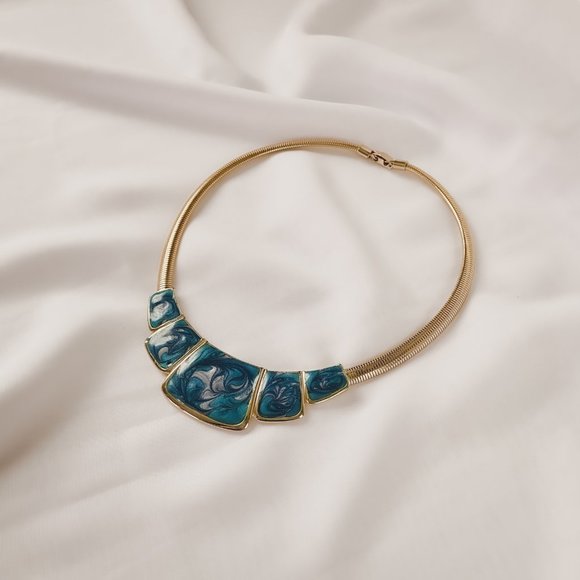 Vintage Art Deco Blue Swirl Enamel Gold Collar Omega Chain Statement Necklace - Picture 8 of 8